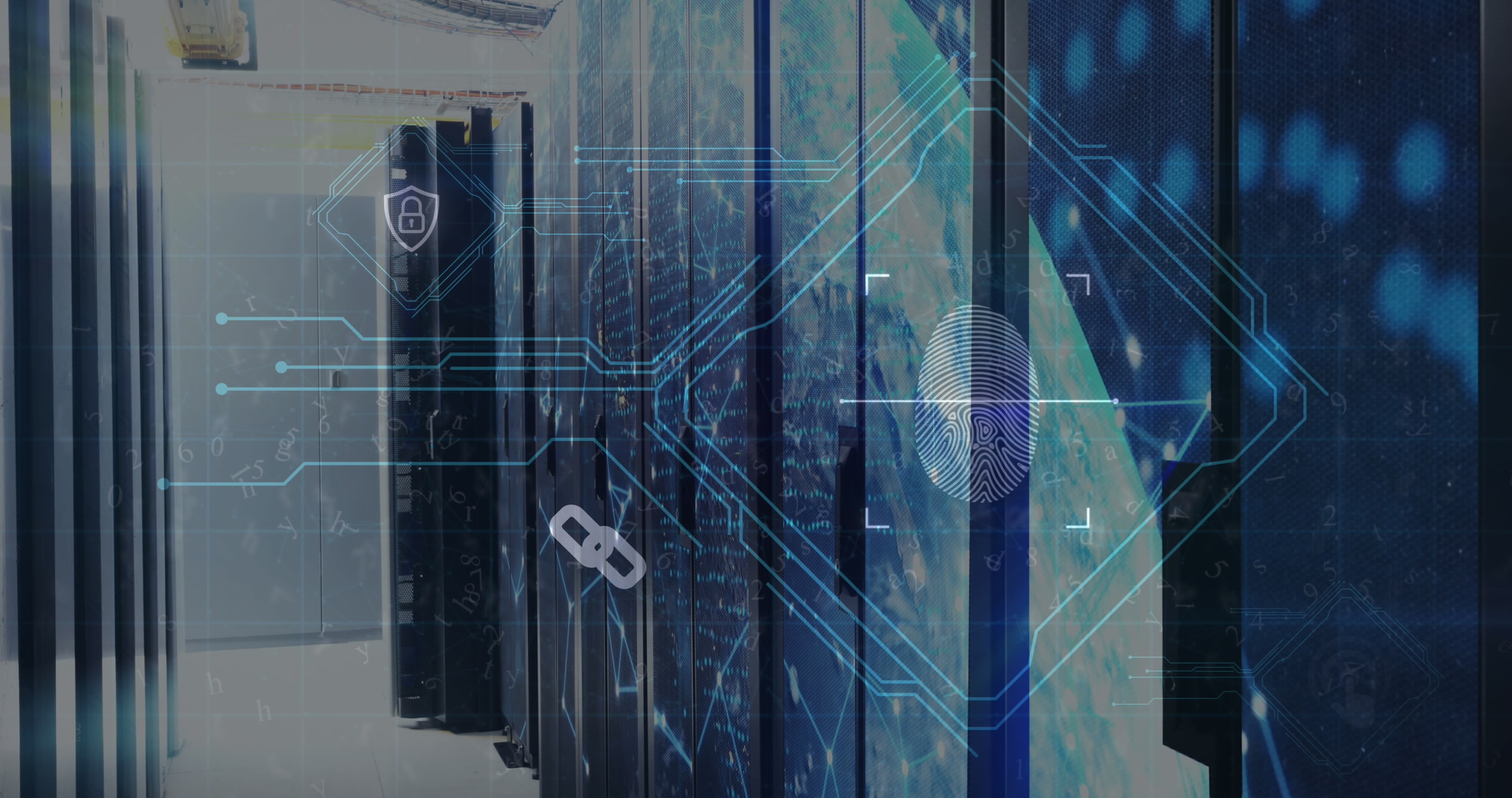 Image of integrated circuit and fingerprint over servers. Global network, data processing, digital communication and technology concept digitally generated image.